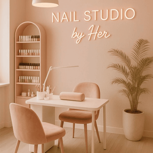 diseño completo de local de uñas con tonos rosas