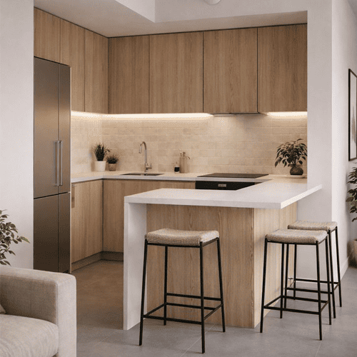 propuesta de remodelacion de cocina en atlacomulco edo mex con estilo minimalista y elegante, diseñado por RUMBO Arquitectura